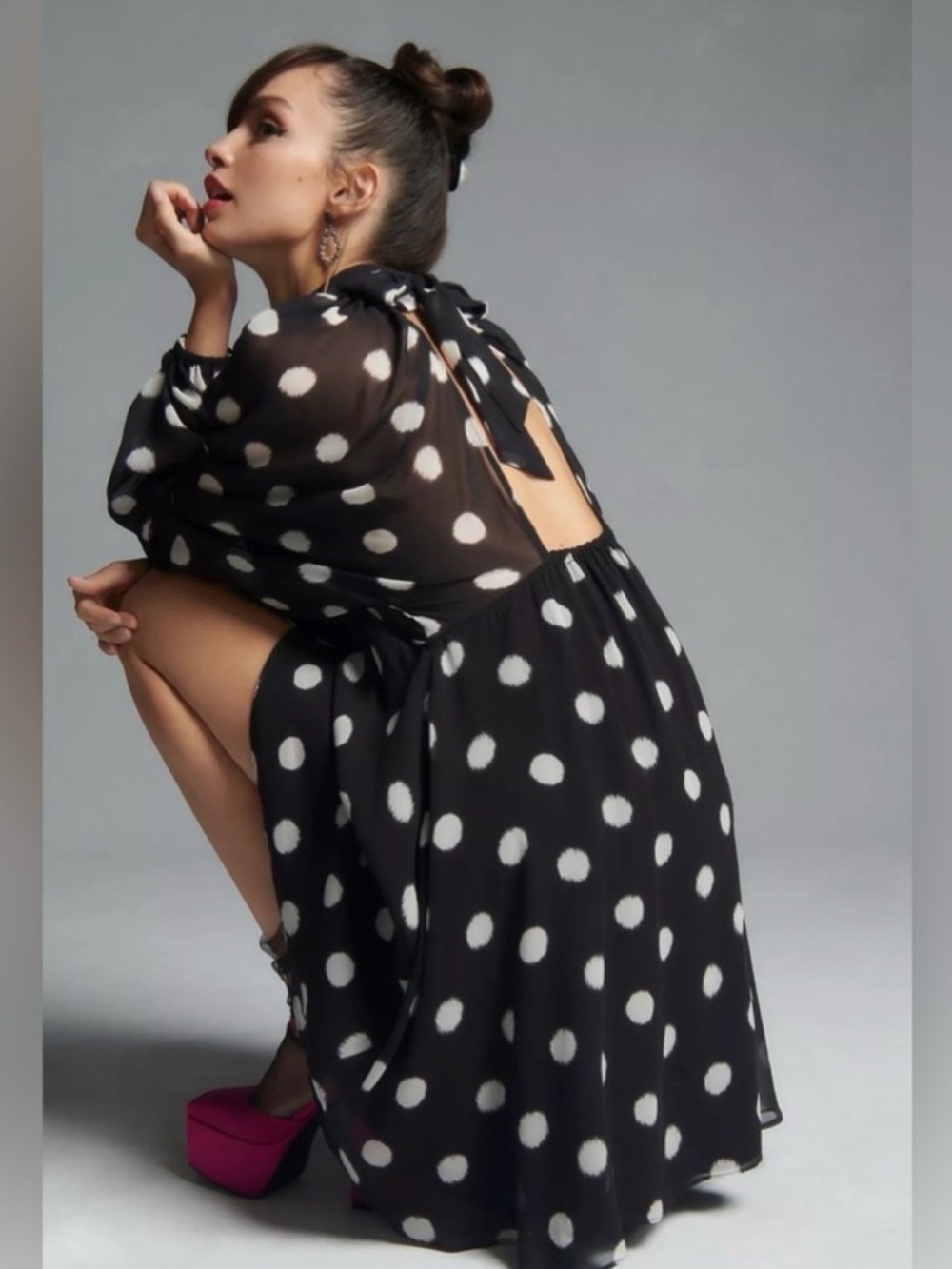 Maeve by Anthropologie Black White Knee Length Polka Dot Bow Tie Up Dress (XS) - Picture 3 of 7